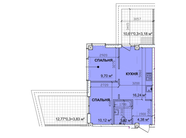 ЖК Parkoviy: планировка 1-комнатной квартиры 53.03 м²