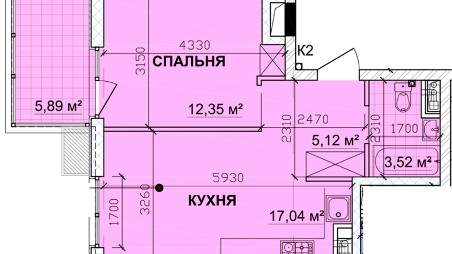 Планування 1-кімнатної квартири в ЖК Parkoviy 44.89 м², фото 349285