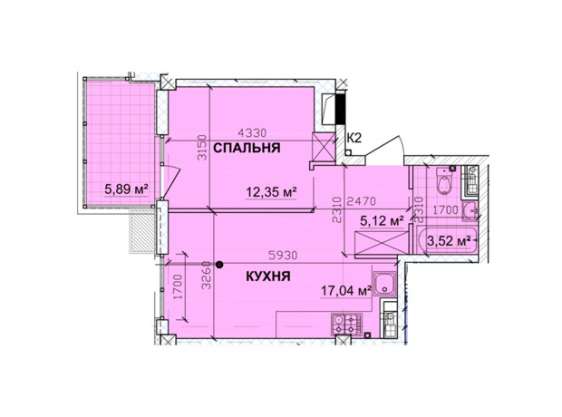 ЖК Parkoviy: планировка 1-комнатной квартиры 44.89 м²