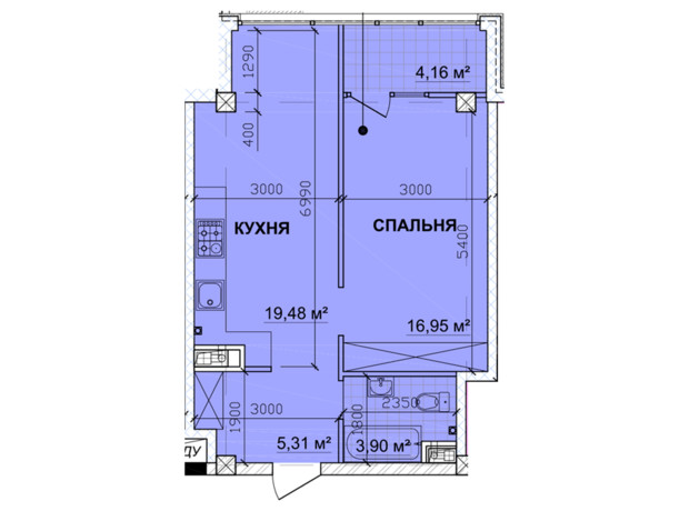 ЖК Parkoviy: планировка 1-комнатной квартиры 51.45 м²
