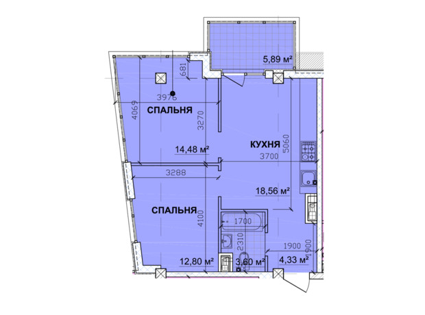 ЖК Parkoviy: планировка 2-комнатной квартиры 61.1 м²