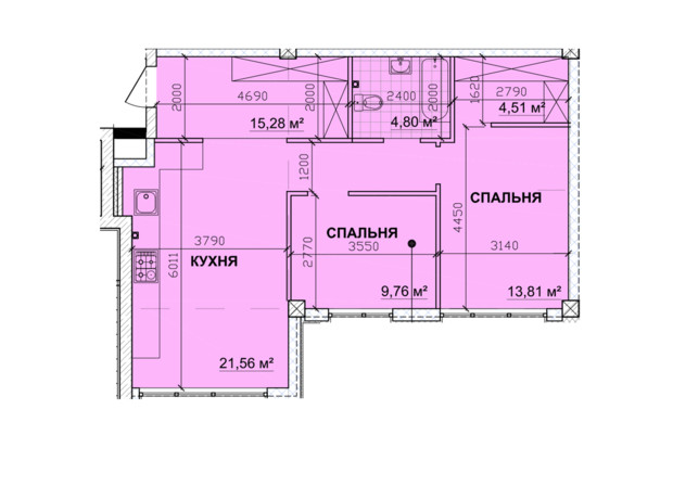 ЖК Parkoviy: планировка 2-комнатной квартиры 71.88 м²
