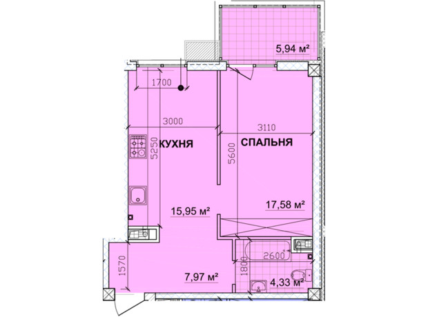 ЖК Parkoviy: планировка 1-комнатной квартиры 52.96 м²
