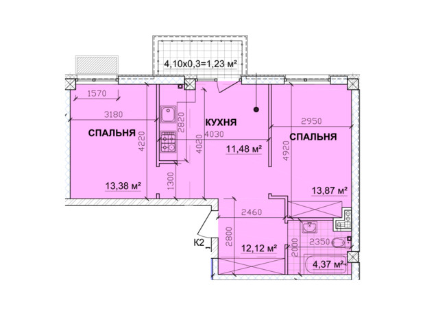 ЖК Parkoviy: планировка 2-комнатной квартиры 58.21 м²