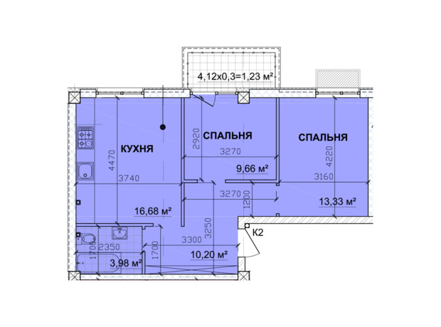 ЖК Parkoviy: планировка 2-комнатной квартиры 56.85 м²