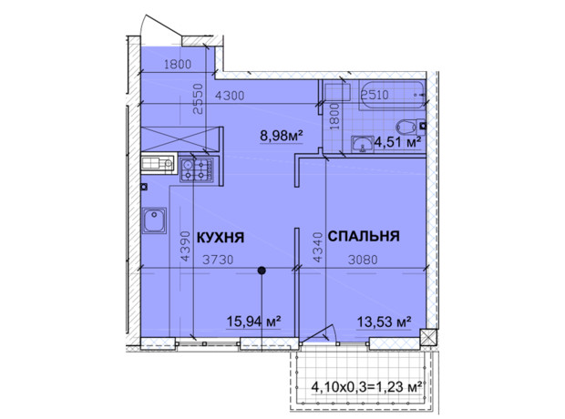 ЖК Parkoviy: планировка 1-комнатной квартиры 45.46 м²