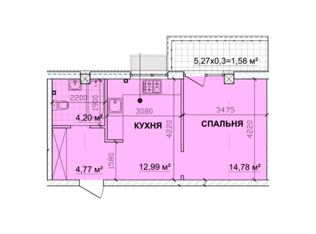 ЖК Parkoviy: планировка 1-комнатной квартиры 39.41 м²