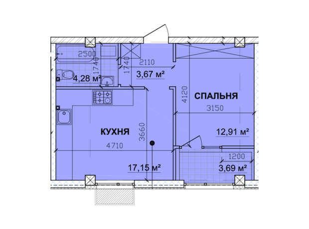 ЖК Parkoviy: планировка 1-комнатной квартиры 43.74 м²