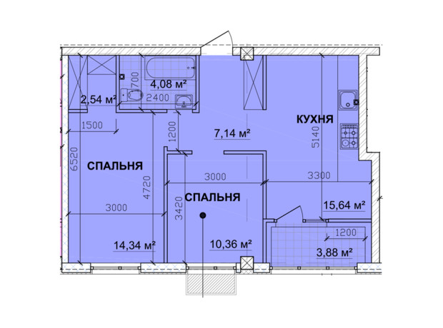 ЖК Parkoviy: планировка 2-комнатной квартиры 73.28 м²