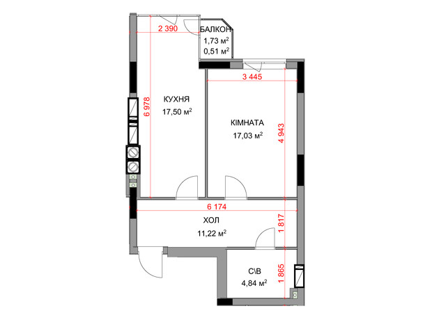 ЖК На Прорізній 3: планування 1-кімнатної квартири 51.1 м²