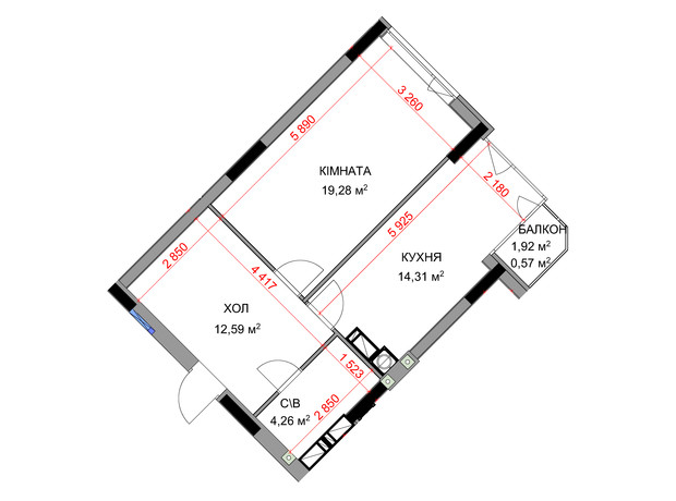 ЖК На Прорезной 3: планировка 1-комнатной квартиры 51.01 м²