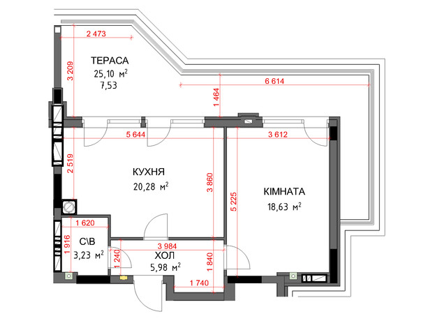 ЖК На Прорезной 3: планировка 1-комнатной квартиры 55.65 м²