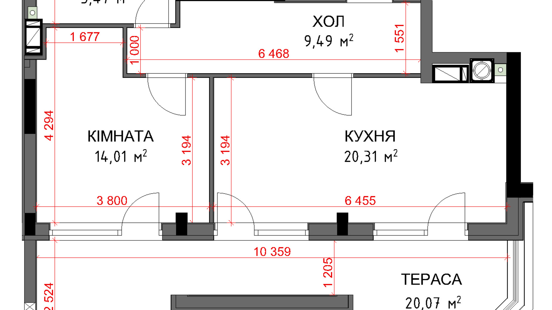 Планування 1-кімнатної квартири в ЖК На Прорізній 3 55.3 м², фото 349347