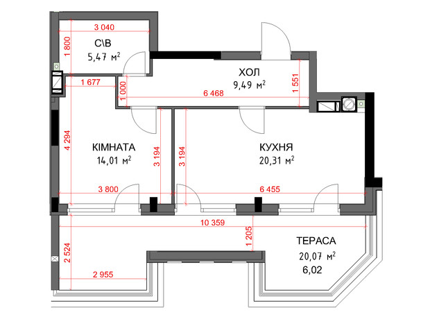 ЖК На Прорізній 3: планування 1-кімнатної квартири 55.3 м²