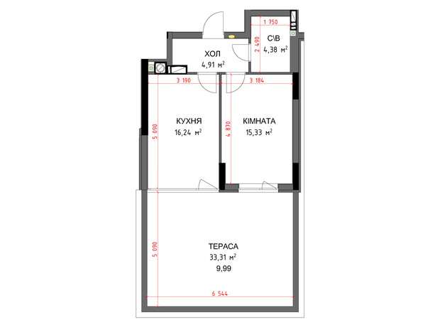 ЖК На Прорезной 3: планировка 1-комнатной квартиры 50.85 м²