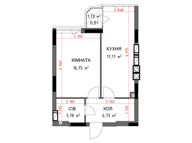 ЖК На Прорізній 3: планування 1-кімнатної квартири 44.81 м²