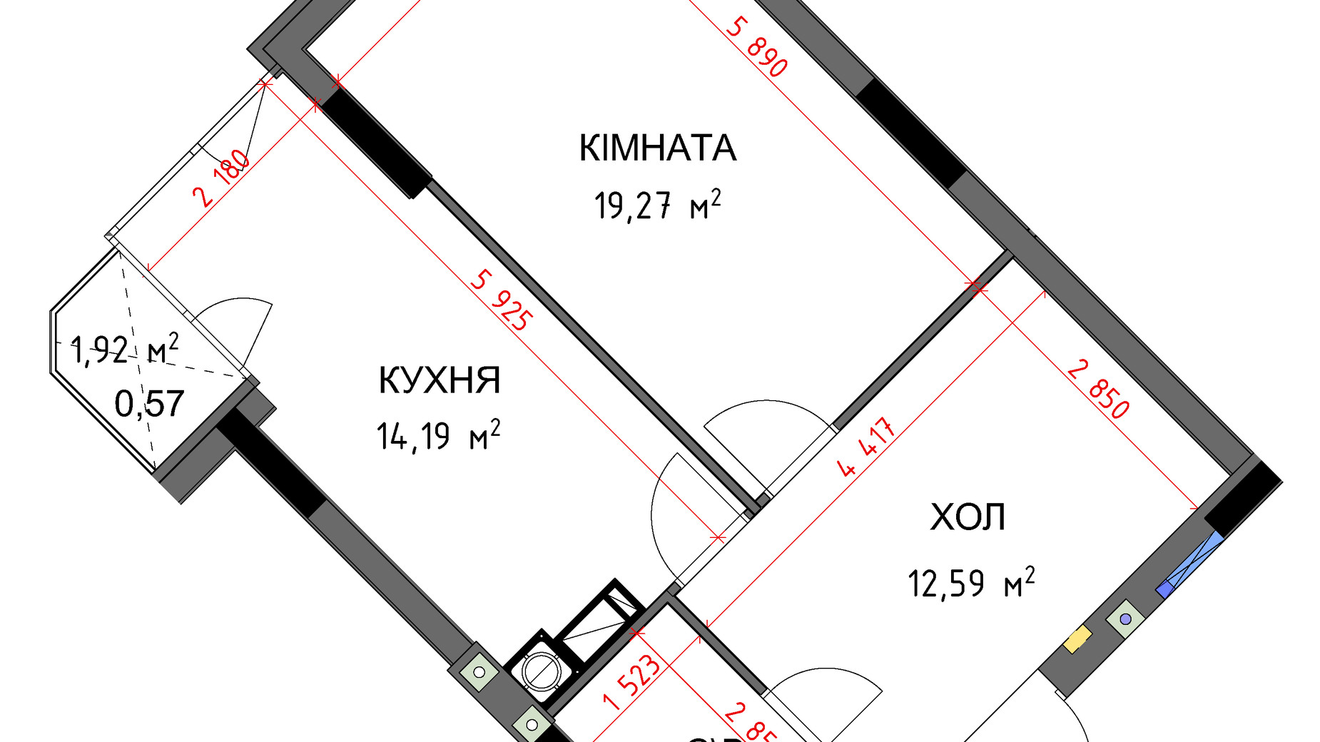 Планировка 1-комнатной квартиры в ЖК На Прорезной 3 50.88 м², фото 349352