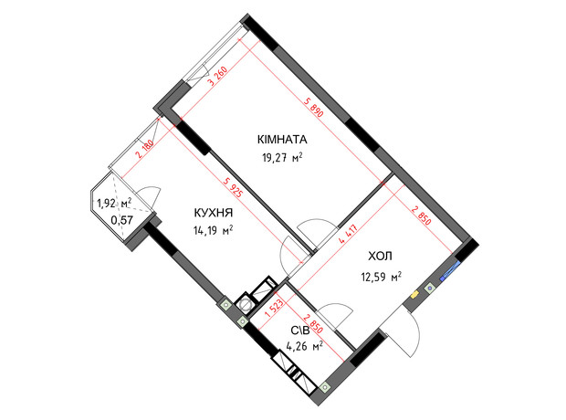 ЖК На Прорізній 3: планування 1-кімнатної квартири 50.88 м²