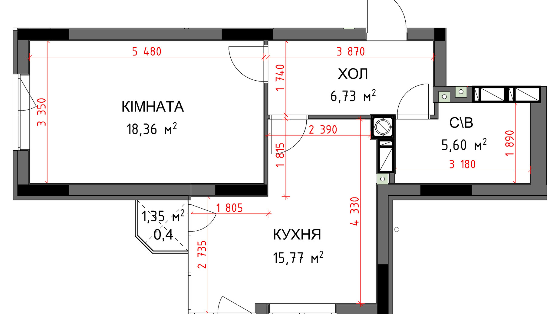 Планування 1-кімнатної квартири в ЖК На Прорізній 3 46.86 м², фото 349353