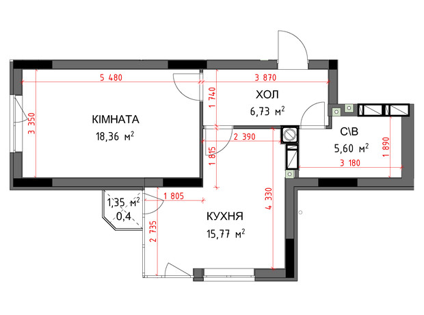 ЖК На Прорізній 3: планування 1-кімнатної квартири 46.86 м²