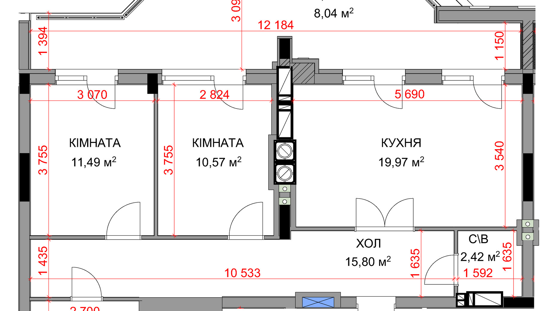 Планування 2-кімнатної квартири в ЖК На Прорізній 3 73.17 м², фото 349358