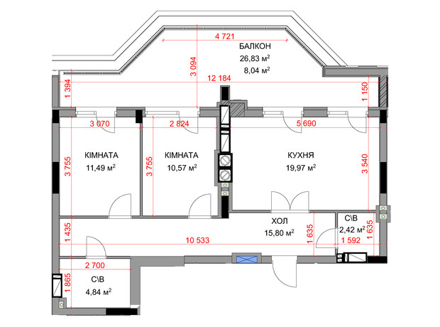 ЖК На Прорезной 3: планировка 2-комнатной квартиры 73.17 м²