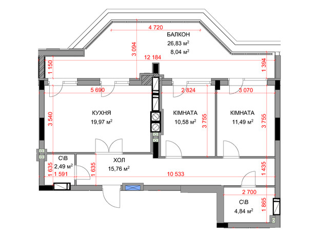 ЖК На Прорезной 3: планировка 2-комнатной квартиры 73.13 м²