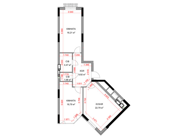 ЖК На Прорізній 3: планування 2-кімнатної квартири 74.62 м²