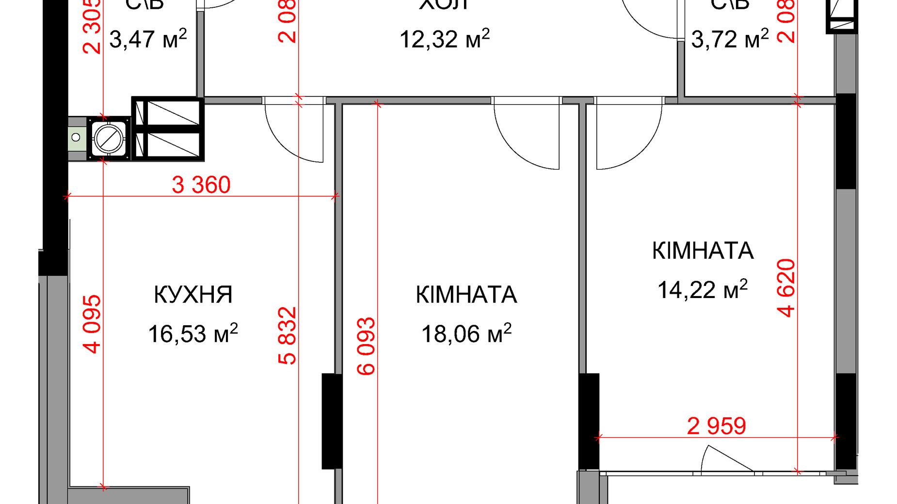 Планування 2-кімнатної квартири в ЖК На Прорізній 3 69.04 м², фото 349362