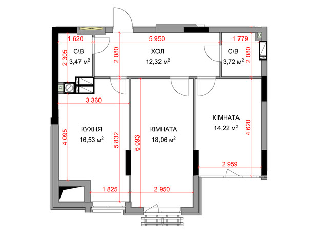 ЖК На Прорезной 3: планировка 2-комнатной квартиры 69.04 м²