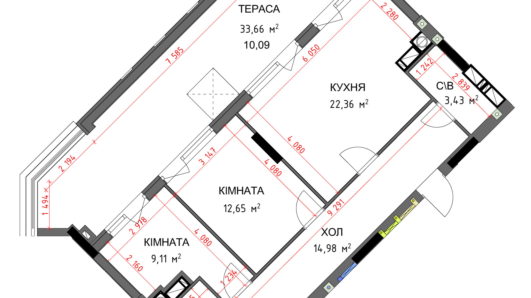 Планування 2-кімнатної квартири в ЖК На Прорізній 3 77.21 м², фото 349363