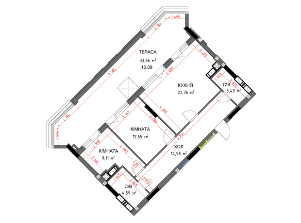 ЖК На Прорізній 3: планування 2-кімнатної квартири 77.21 м²