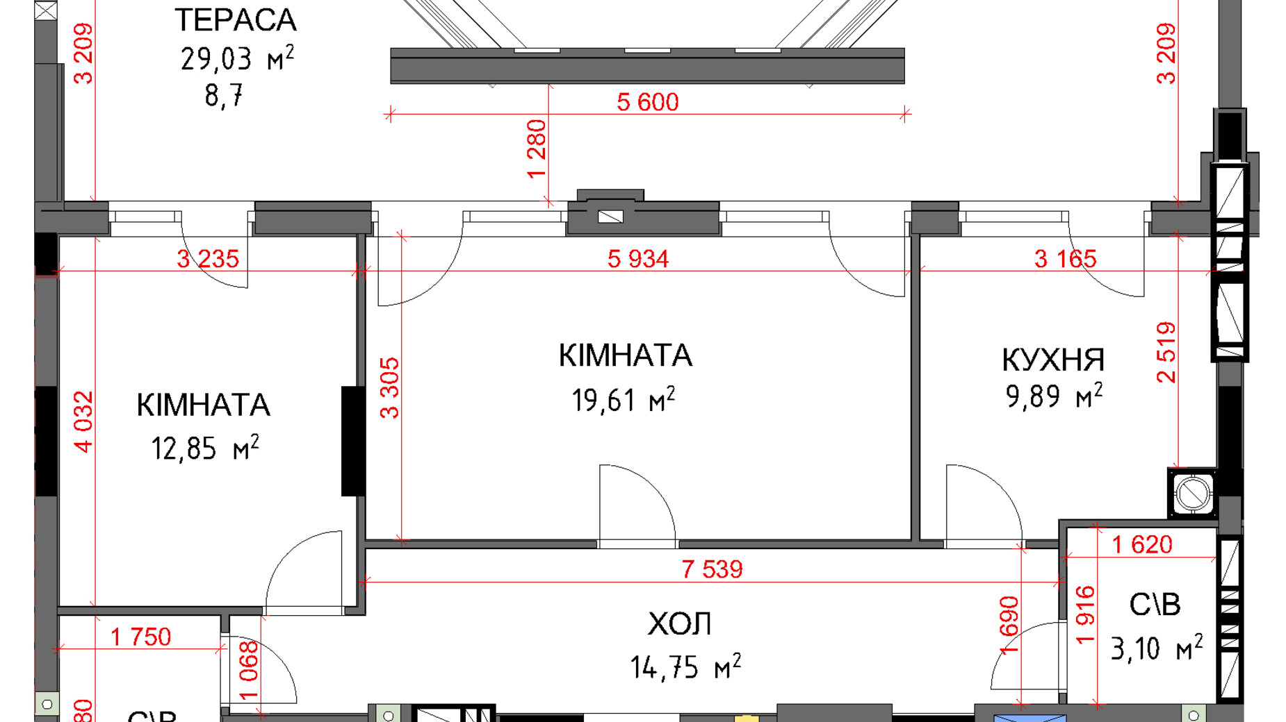 Планування 2-кімнатної квартири в ЖК На Прорізній 3 73.22 м², фото 349364