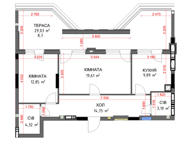 ЖК На Прорізній 3: планування 2-кімнатної квартири 73.22 м²