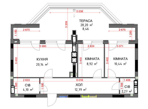 ЖК На Прорізній 3: планування 2-кімнатної квартири 67.12 м²