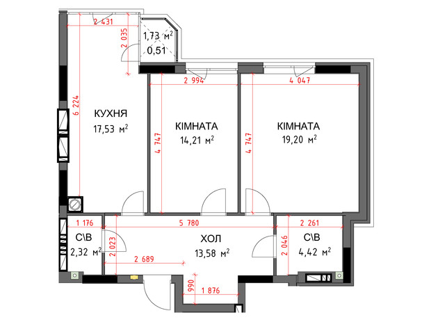 ЖК На Прорезной 3: планировка 2-комнатной квартиры 71.77 м²