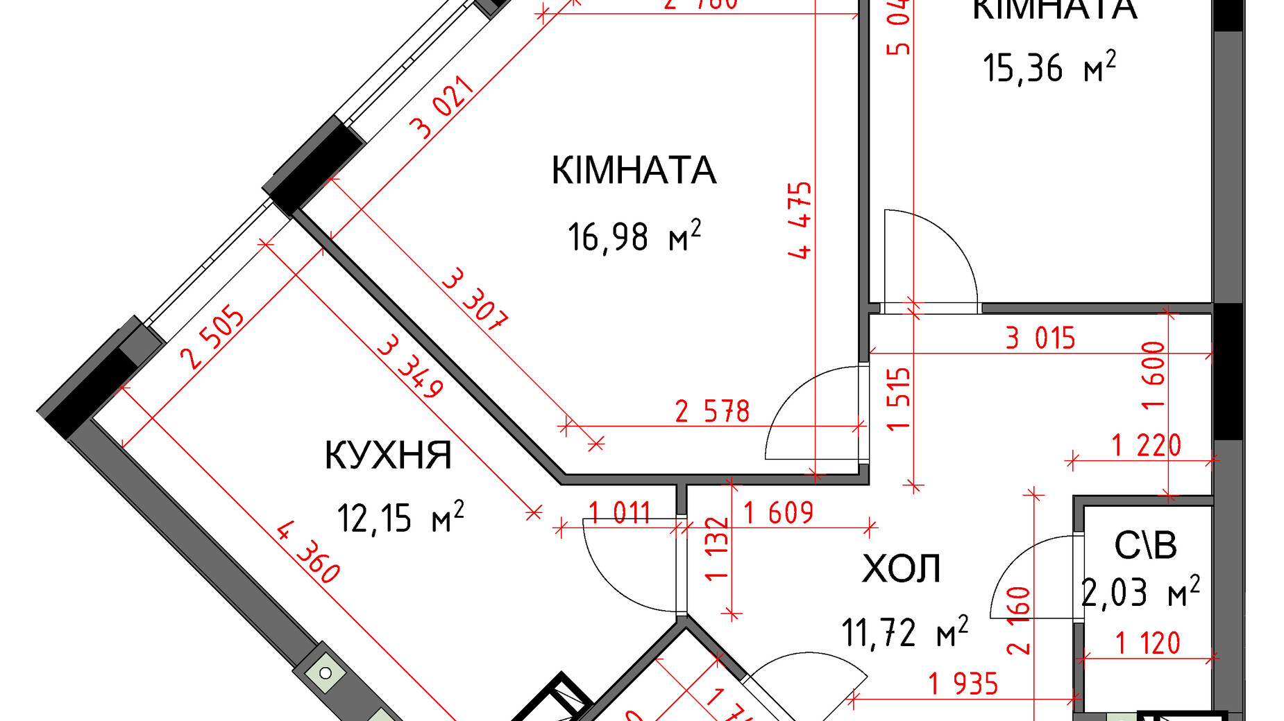 Планування 2-кімнатної квартири в ЖК На Прорізній 3 62.75 м², фото 349370