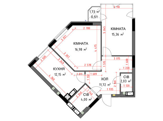 ЖК На Прорізній 3: планування 2-кімнатної квартири 62.75 м²