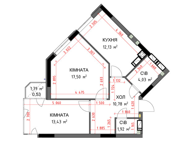 ЖК На Прорезной 3: планировка 2-комнатной квартиры 60.32 м²