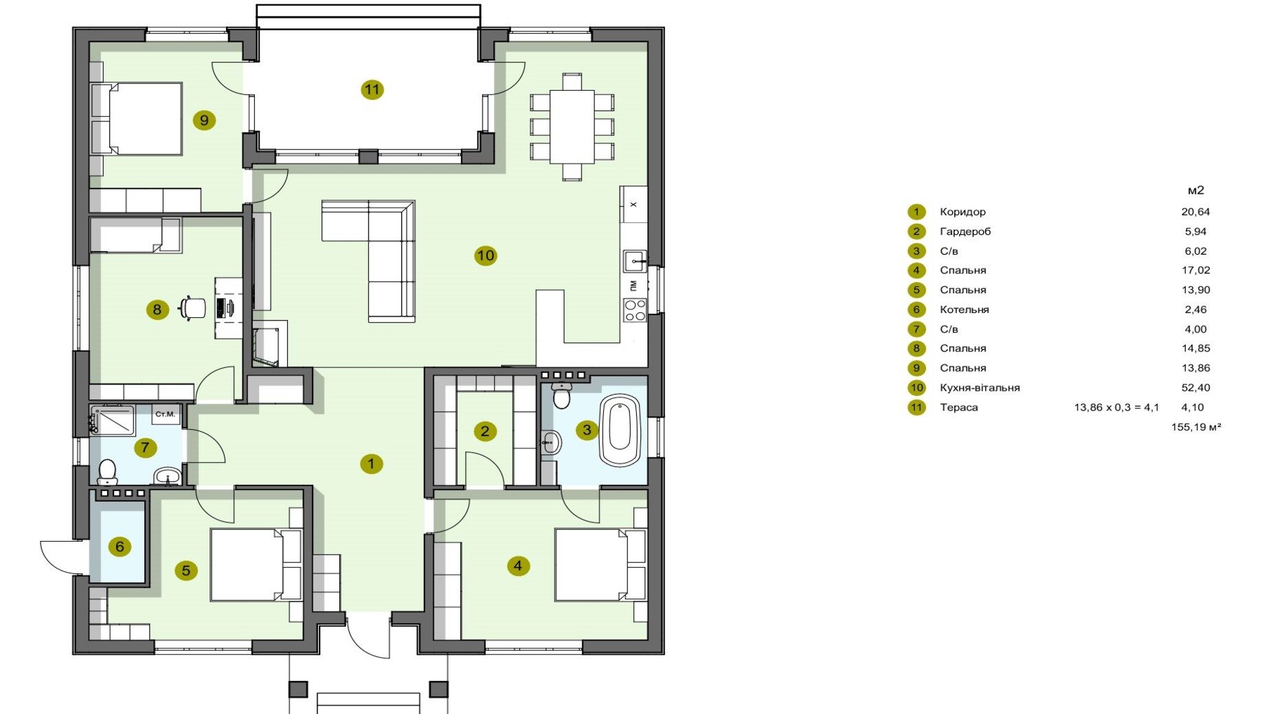 Планировка коттеджа в КГ Рославичи 155 м², фото 349816