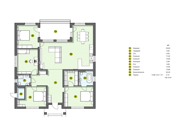 КГ Рославичи: планировка 3-комнатной квартиры 155 м²