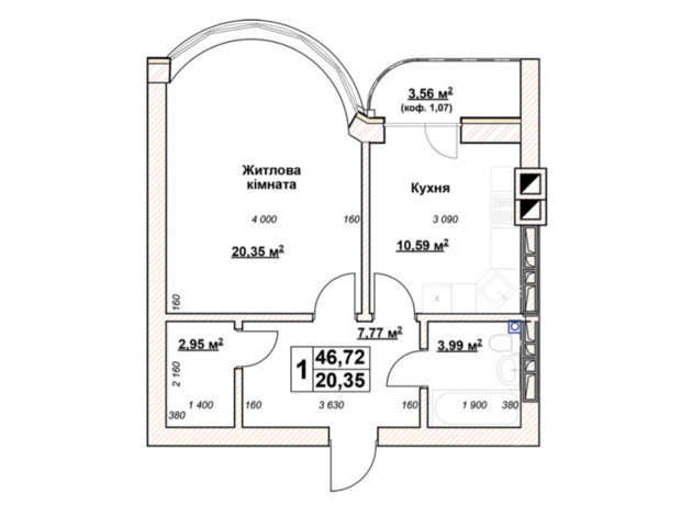 ЖК Гранд Парк: планування 1-кімнатної квартири 46.72 м²