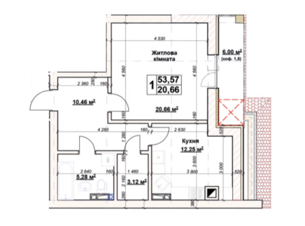 ЖК Гранд Парк: планировка 1-комнатной квартиры 53.57 м²