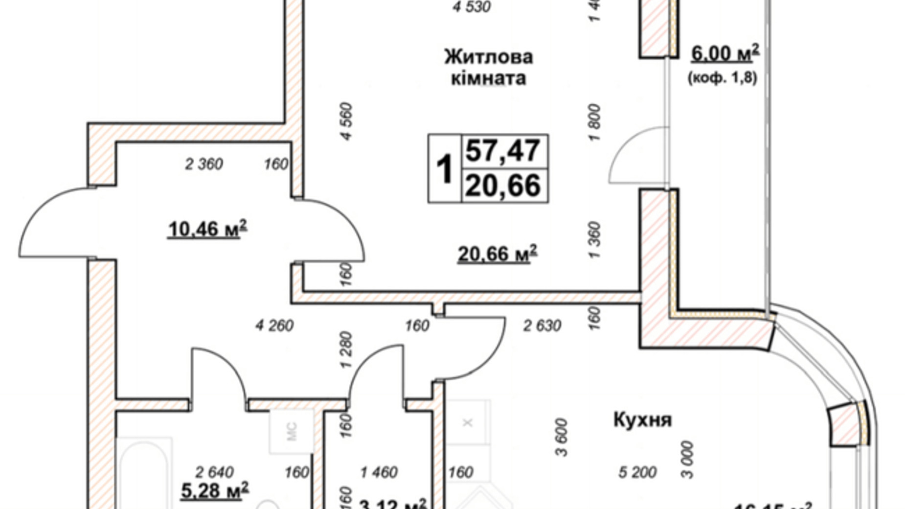 Планировка 1-комнатной квартиры в ЖК Гранд Парк 57.47 м², фото 349891