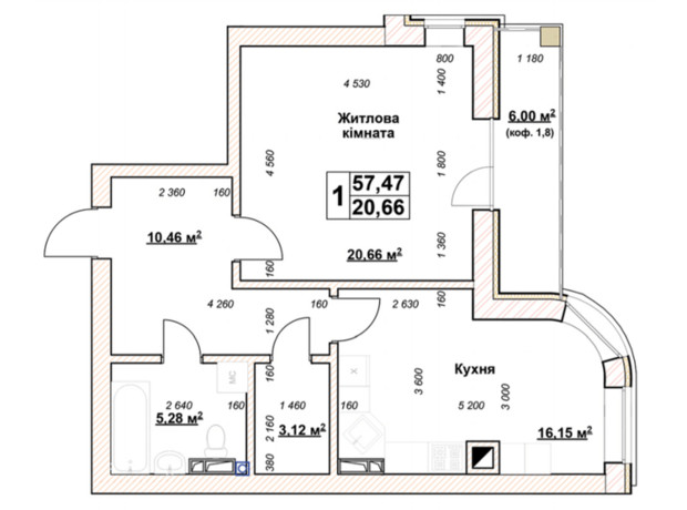 ЖК Гранд Парк: планування 1-кімнатної квартири 57.47 м²