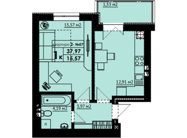 ЖК Art Misto: планировка 1-комнатной квартиры 37.95 м²