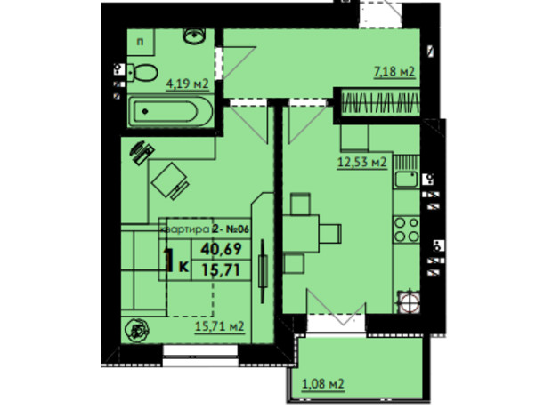 ЖК Art Misto: планировка 1-комнатной квартиры 41 м²