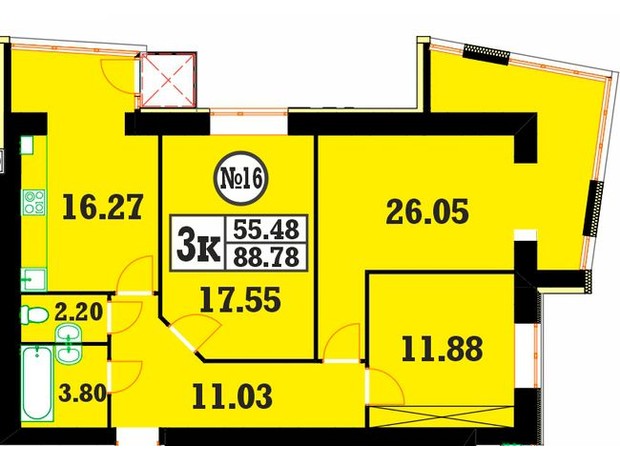 ЖК Кардамон: планування 3-кімнатної квартири 88.78 м²