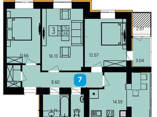 ЖК River Park: планировка 3-комнатной квартиры 72.74 м²