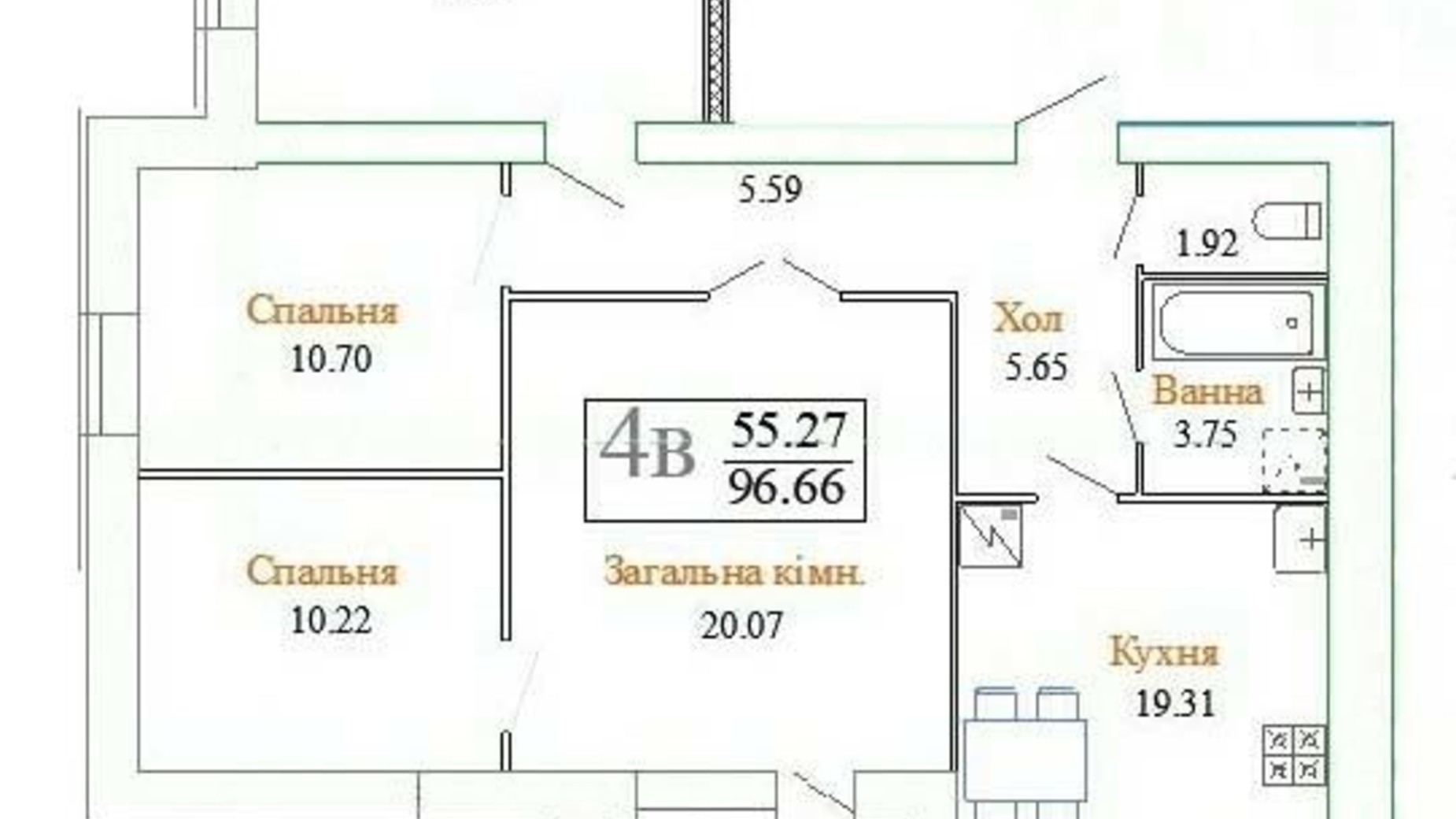 Планировка 3-комнатной квартиры в ЖК ул. Плоская, 23/1 96.66 м², фото 350368